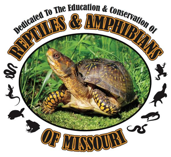 An oval image of a turtle with his head up looking around with the words Reptiles & Amphibians of Missouri around it. 