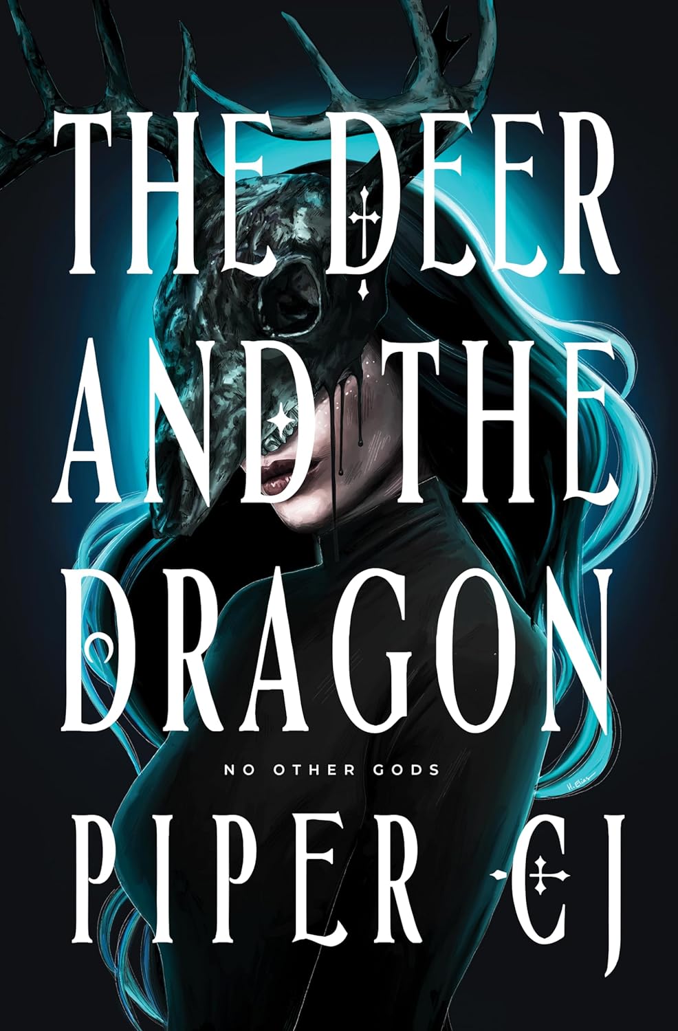 A black and blue book cover with a woman on the front who is wearing a deer skull mask. The title of the book and authors name are covering the image.