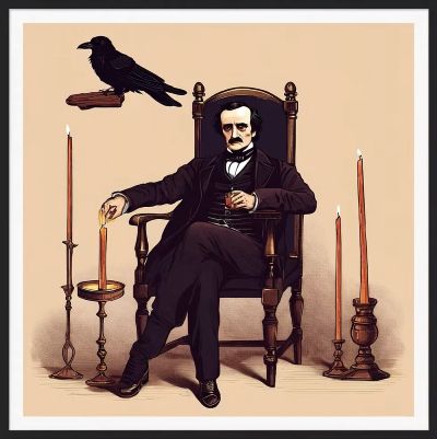 edgar allen poe sits in a chair, a raven above him