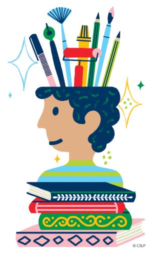 A stack of books with a boy behind them who has art supplies popping out of his head.