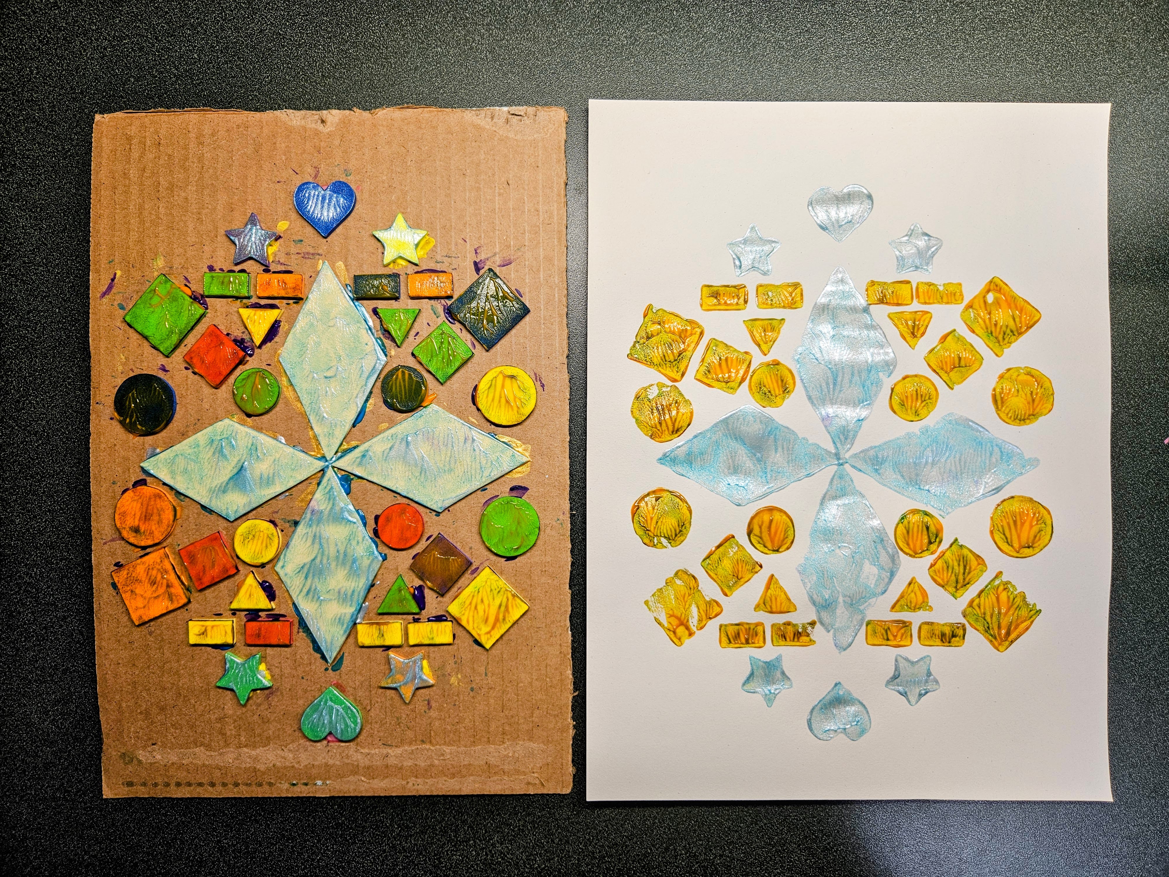 Example of craft, a collage made with foam pieces and covered in paint next to a paper with the same pattern in paint printed on it.