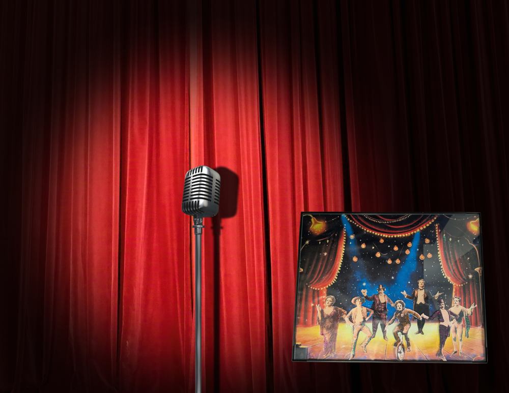 A mic with a vignette of vaudeville performers