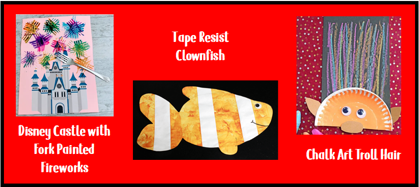 Image that shows fork painted fireworks, tape resist clownfish, and chalk art troll hair art projects.