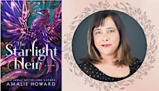 An image of the book The Starlight Heir that has an exotic looking pink and purple bird with a wolf head on the cover. Next to that is the image of the author, Amalie Howard. She has shoulder length brown hair with bangs swept to the side, is wearing a black shirt with white polka dots, and is standing in front of a dark colored background.