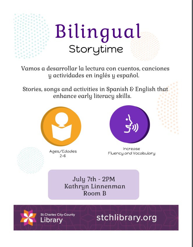 Bilingual Storytime. For ages 2-6. July 7th at 2pm