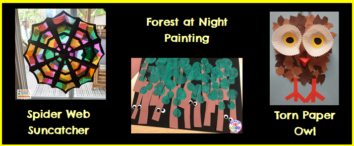 Image showing spider web suncatcher, forest at night painting, and torn paper owl craft.