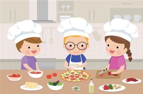 Clipart of three children wearing chef hats and making a pizza.