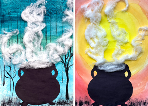 Two smoking cauldrons created with a watercolor background and cotton ball smoke.