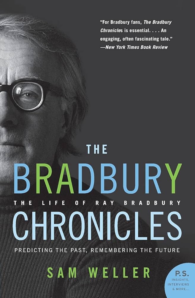 Image of a book cover in grey scale. Ray Bradbury's face is on the left hand side of it. The title "The Bradbury Chronicles" is at the bottom of the cover.
