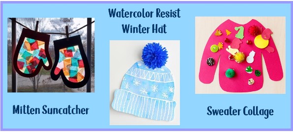 Examples of winter clothing-themed art projects and crafts, including a mitten suncatcher, watercolor resist winter hat, and sweater collage.