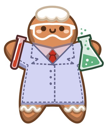 Clipart image of a gingerbread scientist holding a beaker and test tube.