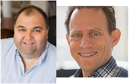 Two images of white men next to each other. One man is wearing a light blue button down shirt. The other man is wearing a blue and white collared plaid shirt. The backgrounds are different in both pictures, but are blurred and indistinct. Both men are smiling directly at the camera. 