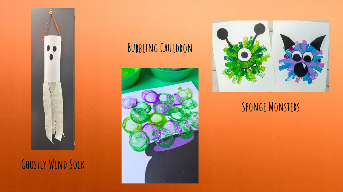 Image showing the crafts; Ghostly windsock, bubbling cauldron and sponge monsters. 