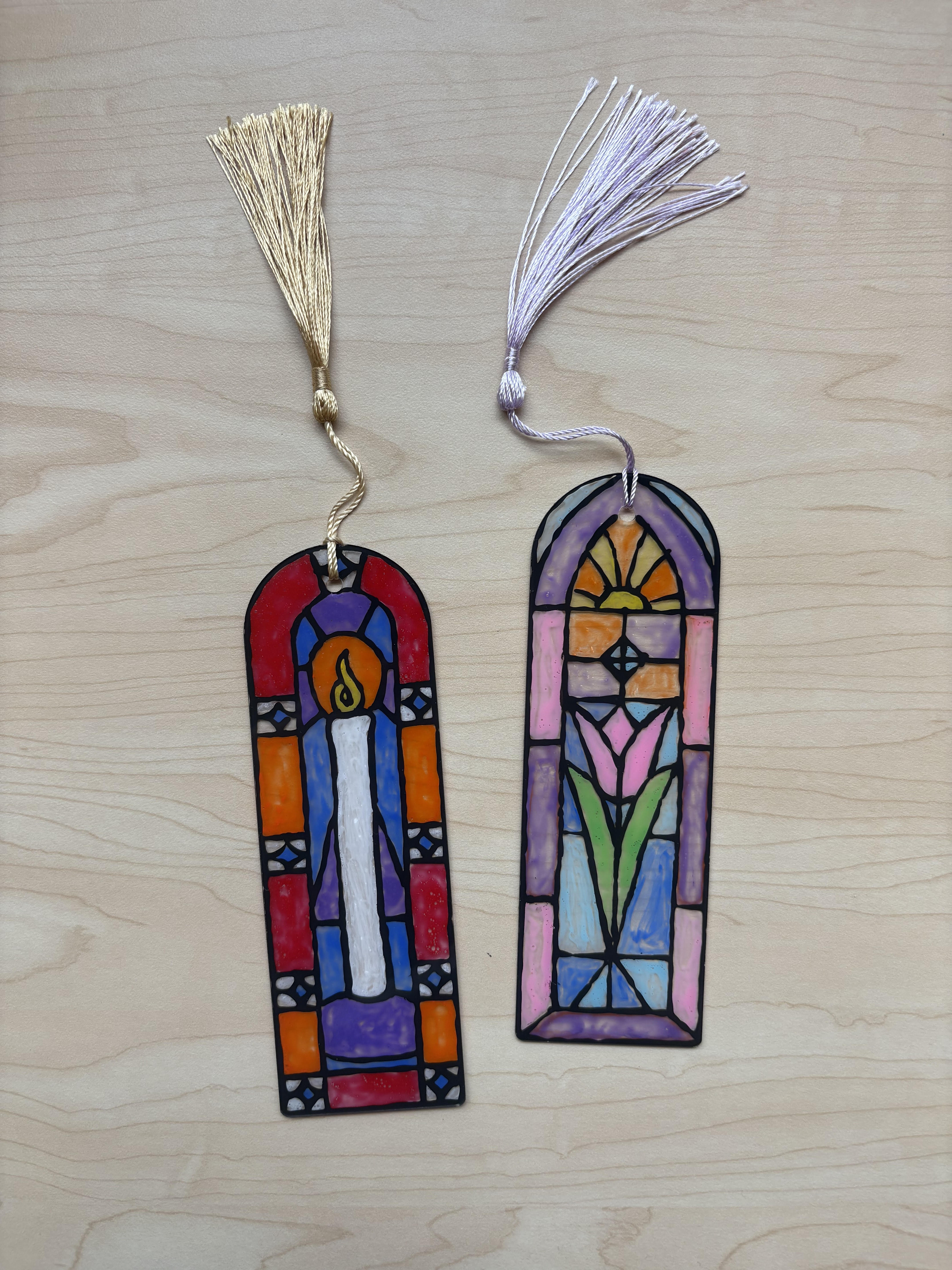 Acrylic bookmarks with a candle and flower stained glass design