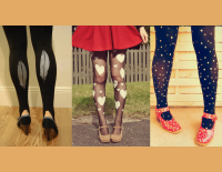 three images of people wearing tights with different designs