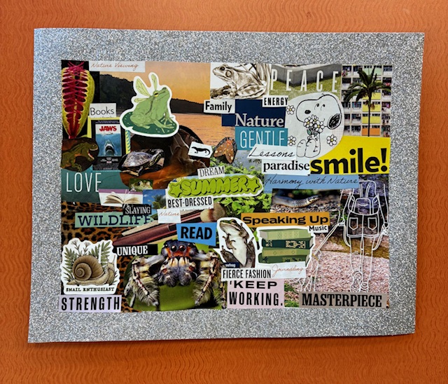 Sparkly poster board with various inspiring words and nature photo magazine cutouts