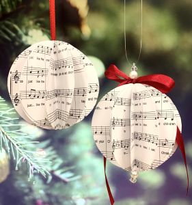 3 dimensional paper ornaments made of sheet music