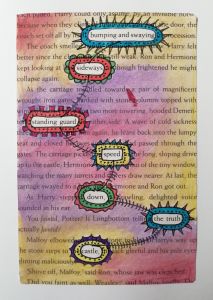 Page of a book with some words circled. The page is painted with different colors around the circled words.