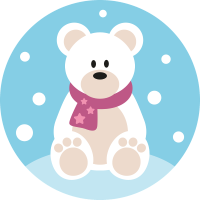 A polar bear in the snow wearing a purple scarf.