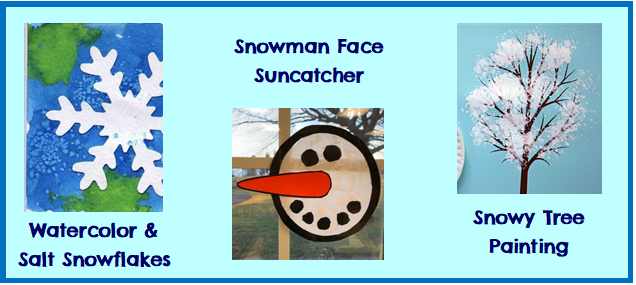 Image showing examples of watercolor and salt snowflakes, snowman face suncatcher, and snowy tree painting art projects.
