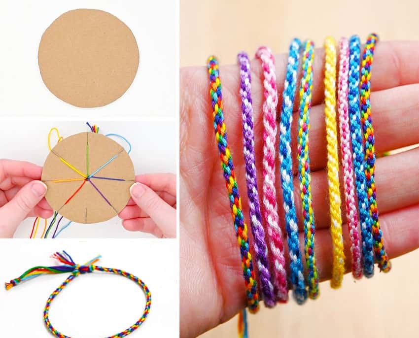 Large photo of hand holding colorful friendship bracelets on right; On left, images of cardboard loom and finished friendship bracelet