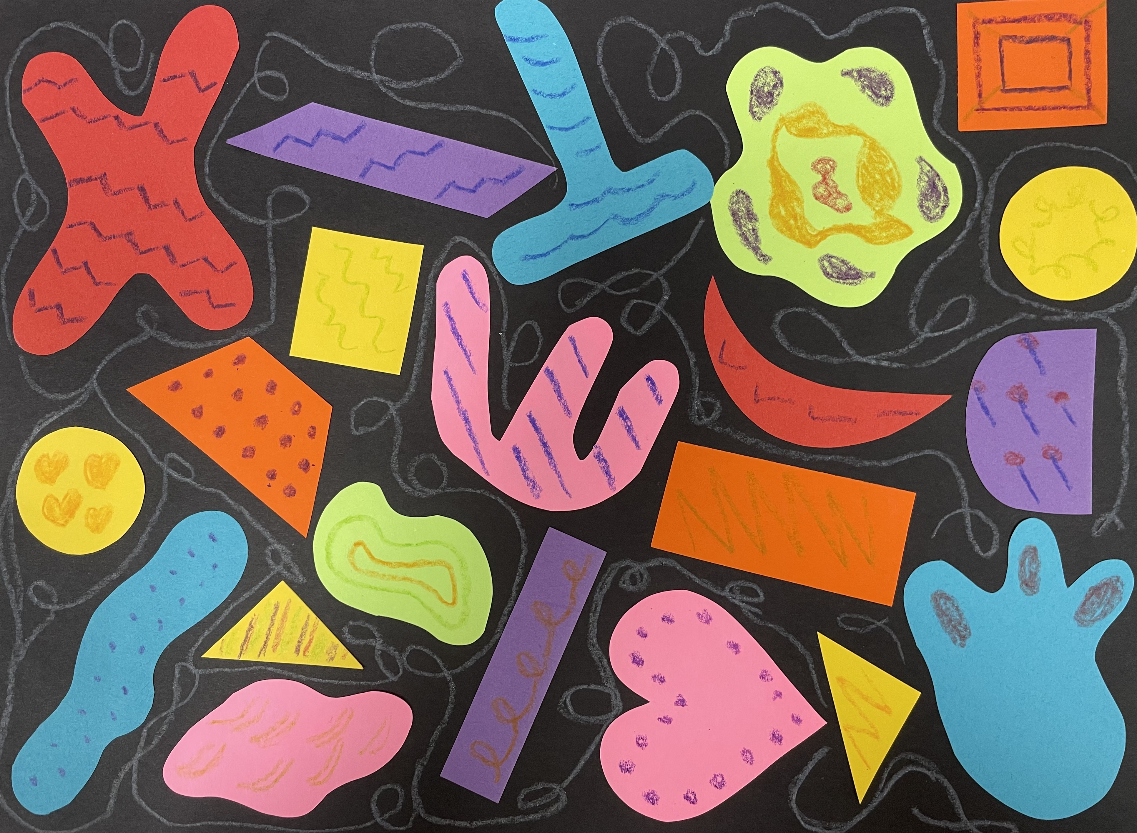 Reggie Laurent Sample Craft with colorful geometric and organic shapes, with white lines drawing between the shapes.