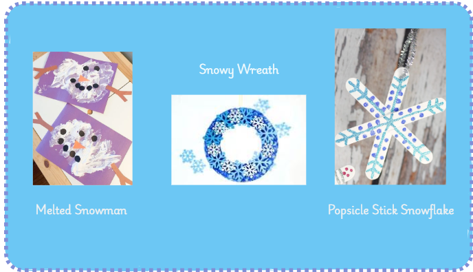 Blue rectangle framing three crafts themed around snow and things you find in the snow. 
