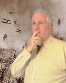 pensive gentleman, with images of WWI behind him