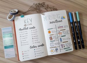 open bullet journal that shows a key and a morning routine page