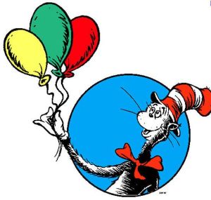 Dr. Seuss holding balloons