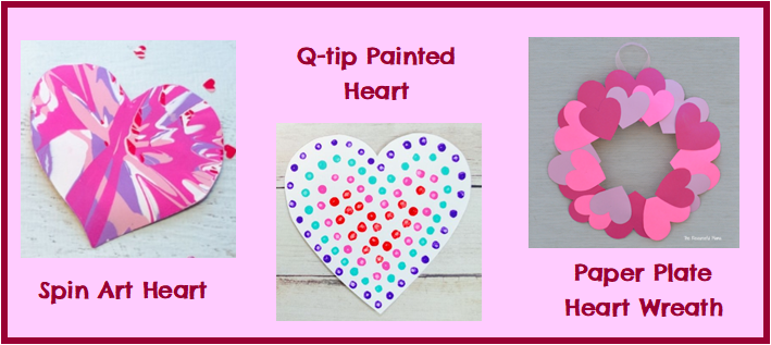 Image showing spin art, q-tip painted heart, and paper plate heart wreath art and craft projects.