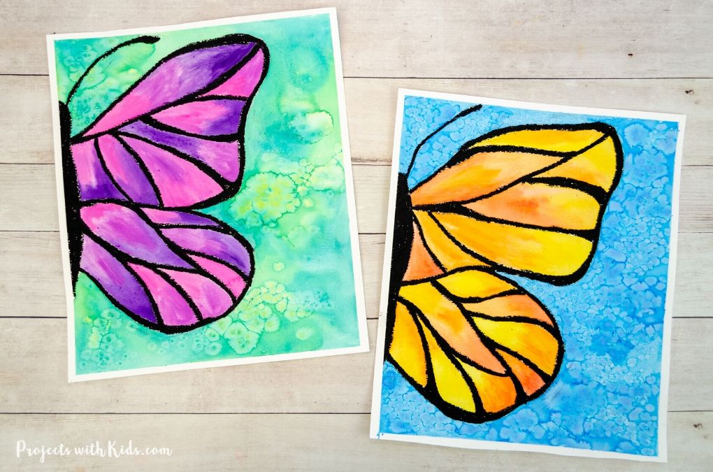 A purple and yellow butterfly painted with watercolors on green and blue backgrounds.