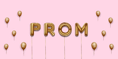 Pink background with gold letters, spelling Prom, along with gold balloons scattered on each side of the word Prom.  