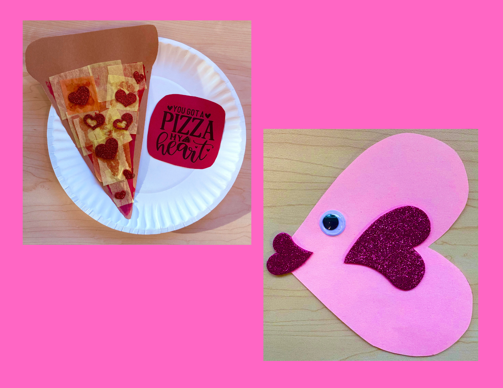 A paper plate with brown construction paper and orange and yellow tissue paper an red heart stickers to resemble a slice of pizza and a pink heart cutout with googly eyes resembling a fish