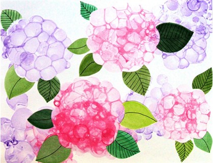 Bubble painted purple and pink hydrangea flowers with green leaves.