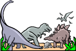 A cartoon rendering of a diplodocus, a T-Rex, and a stegosaurus.