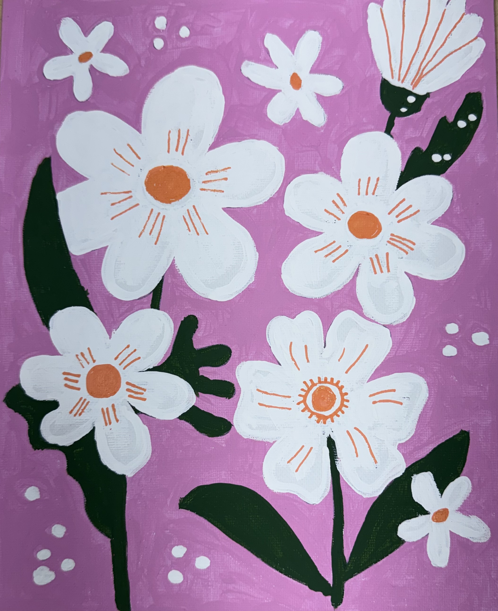 Painting of white flowers on a pink background