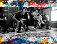 Jackson Pollock dripping paint on canvas with his wife in background
