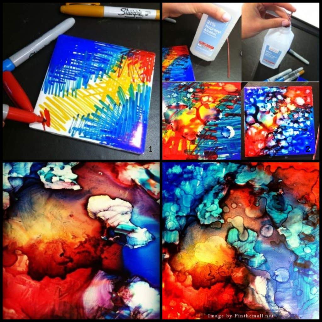 Picture showing how sharpie art distorts and changes when rubbing alcohol is added.