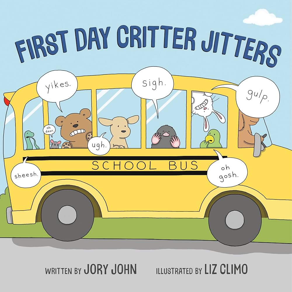 book cover for First Day Critter Jitters depicting animals on a school bus