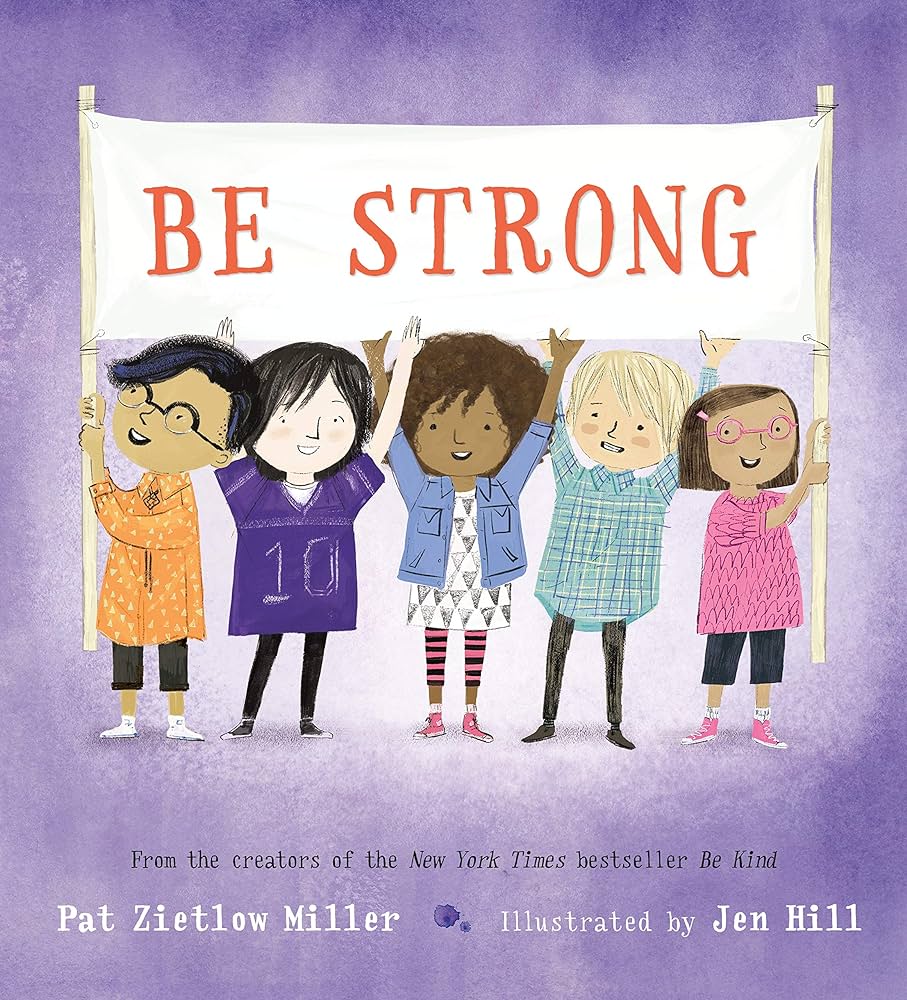 purple book cover showing kids holding up a sign that says be strong