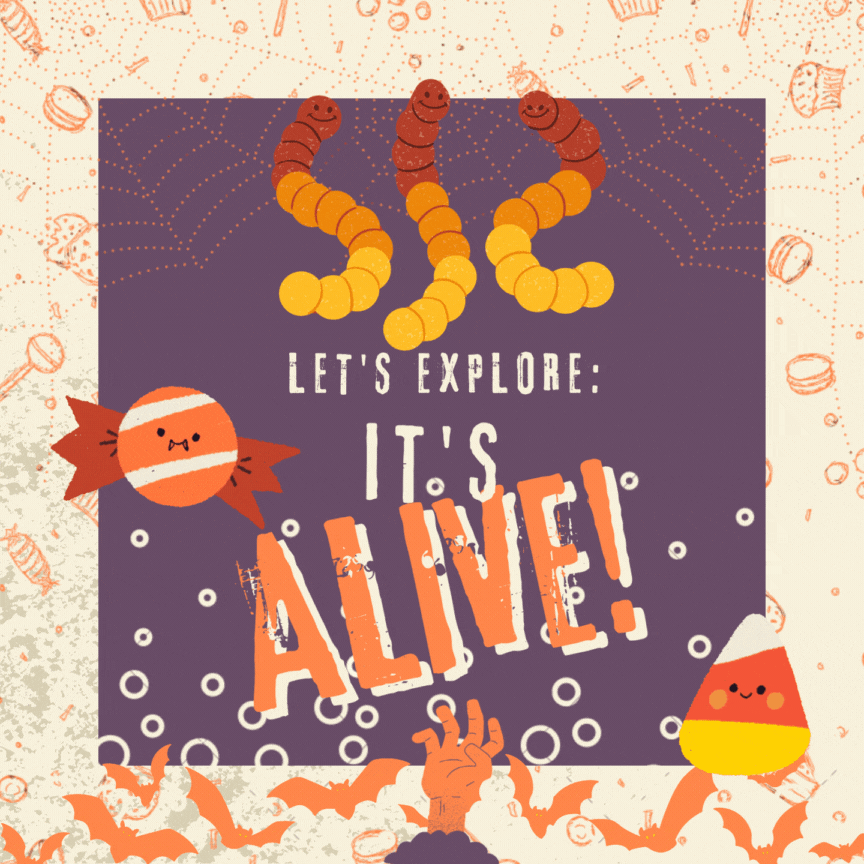 Three segmented worms with smiley faces, colored red, orange, and yellow, are set above text that reads "Let's Explore:".  Below this text are the words "It's ALIVE!" in an exciting, orange and white font.  The word "alive" is slightly slanted near the bottom.  All of this is set in a dark purple square.  Above the worms are the dotted outlines of orange spiderwebs, and bordering the central purple square is a yellow frame with orange outlines of various bakery items and candy, such as lollipops, cupcakes, cookies, wrapped candy, and macarons.  Another pieces of wrapped candy that is orange with yellow stripes sits to the left of the central text.  It has a cute little face, and a mouth with vampire fangs.  It is animated to gently bounce from side to side.  Circles representing bubbles rise from the frame behind the word "Alive!"  A candy corn with a similar face as the previous dancing candy is animated to sway from side to side in the right hand corner of the frame.  An orange hand rises from purple dirt just below the text.  Multiple orange bats with yellow, glowing eyes rise in flight behind the hand. 