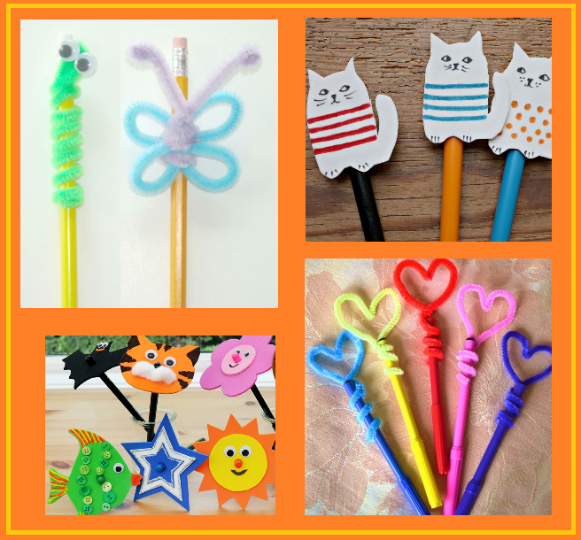examples of DIY pencil toppers made from pipe cleaners and foam