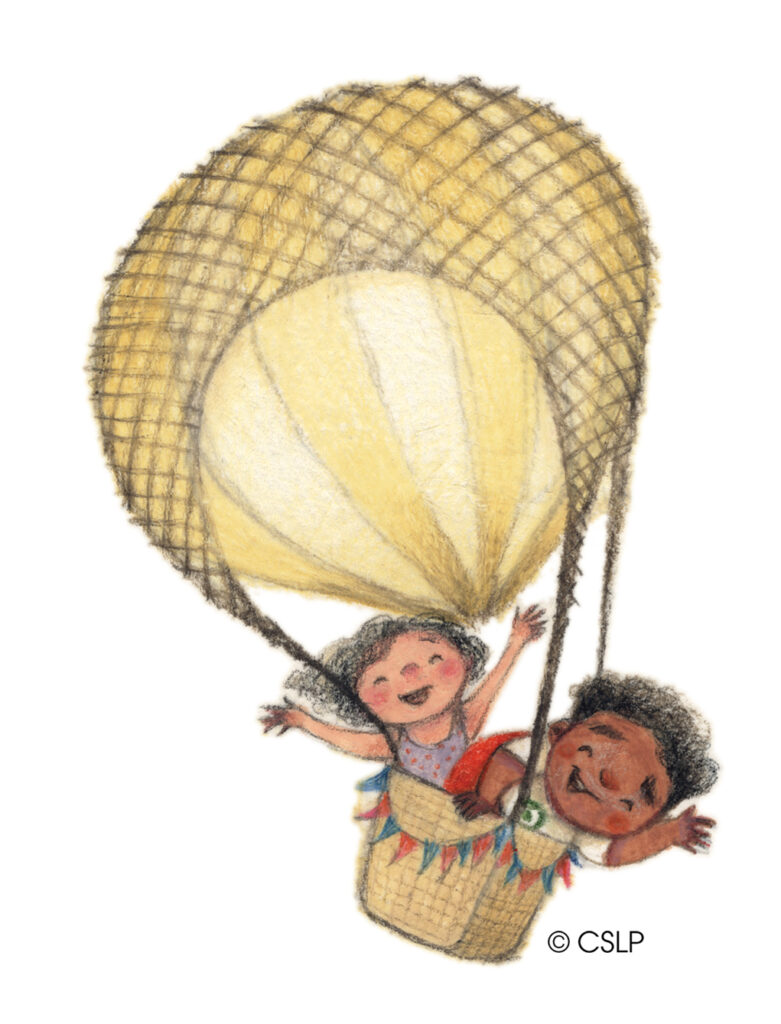 Children in a hot air balloon.