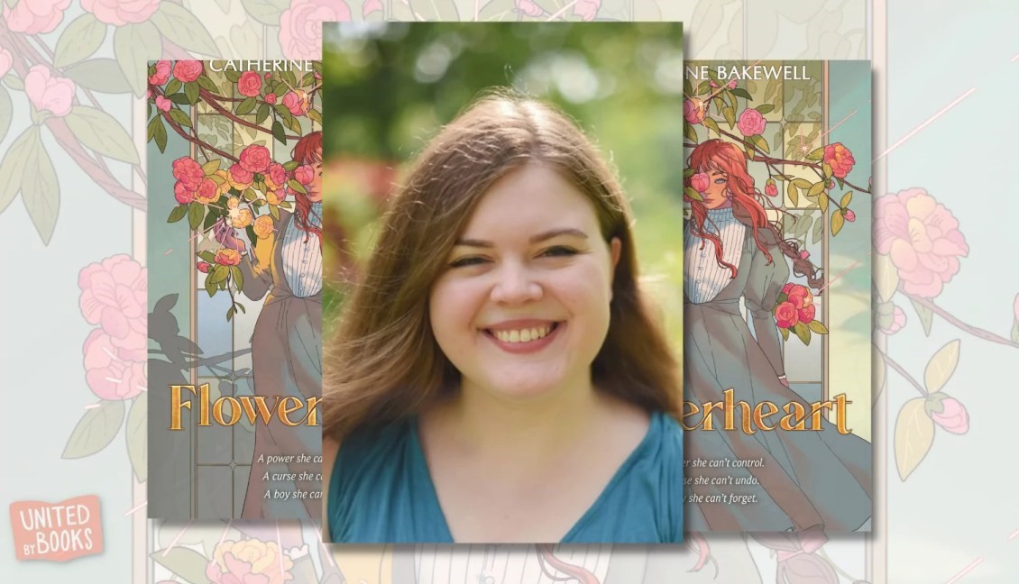 Image of a smiling woman with long light brown hair wearing a blue top. On either side of the image is a picture of the book "Flowerheart".