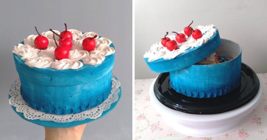 box decorated like a blue cake