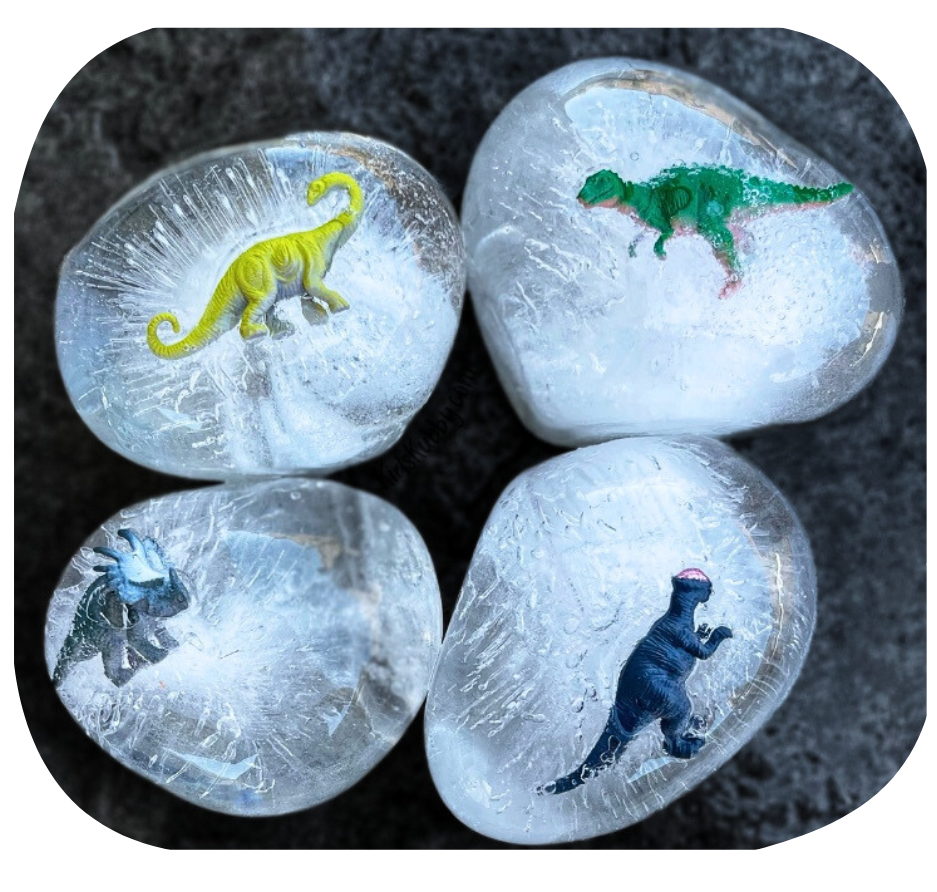 Picture of four Dinosuars in melting ice cubes.