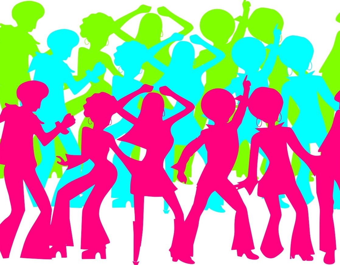 Silhouette of men and women from the 1970's dancing disco