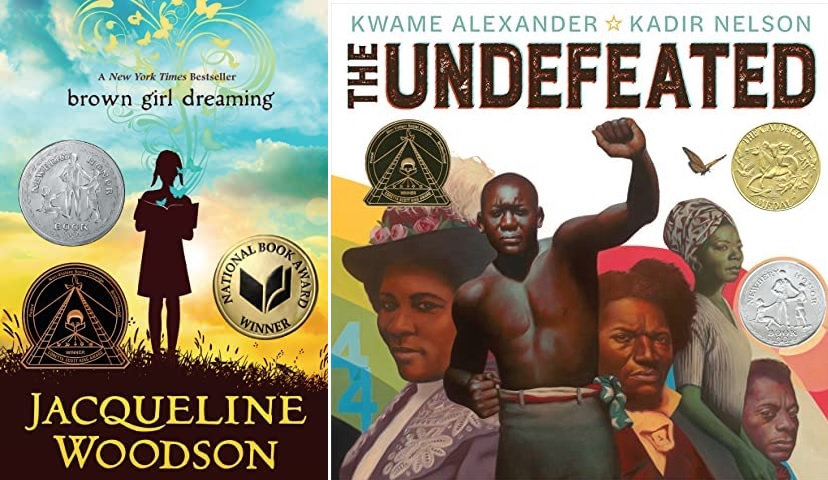 covers of the books Brown Girl Dreaming and The Undefeated