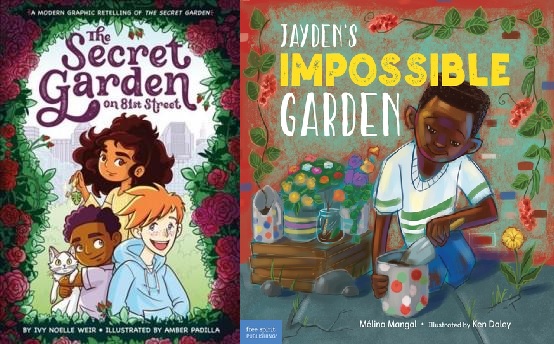 two book covers; one shows a group of three kids surrounded by flowers and the other shows a boy adding soil to a flowerpot
